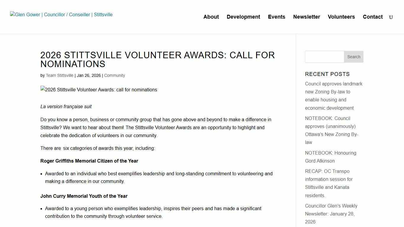 2026 Stittsville Volunteer Awards: call for nominations - Glen Gower Councillor / Conseiller Stittsville